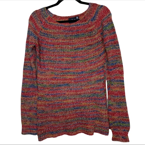 Rainbow Knit Y2k Open Knit Scoop Neck Long Sleeve Funky Pullover Sweater Medium - Picture 1 of 7